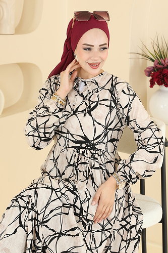 moda selvim Sarmaşık Desen Viskon Elbise 037MR1078 Desen 1 - Thumbnail