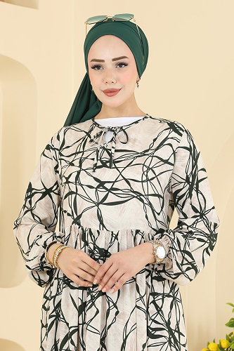 moda selvim Sarmaşık Desen Viskon Elbise 037MR1078 Desen 2 - Thumbnail