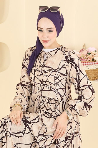 moda selvim Sarmaşık Desen Viskon Elbise 037MR1078 Desen 4 - Thumbnail