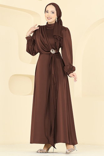 moda selvim Saten Broş Detaylı Abiye 5803EDFK1198 Açık Kahve - Thumbnail