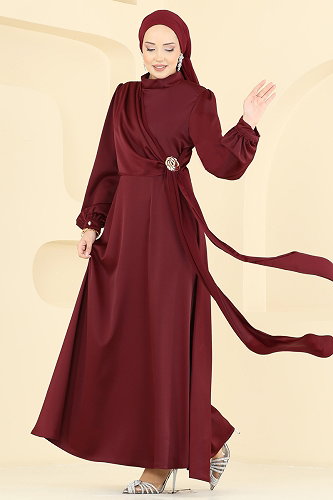moda selvim Saten Broş Detaylı Abiye 5803EDFK1198 Bordo - Thumbnail