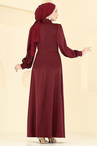 moda selvim Saten Broş Detaylı Abiye 5803EDFK1198 Bordo - Thumbnail