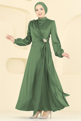 moda selvim Saten Broş Detaylı Abiye 5803EDFK1198 Haki - Thumbnail