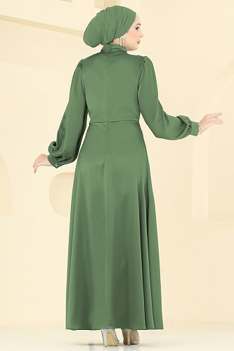 moda selvim Saten Broş Detaylı Abiye 5803EDFK1198 Haki - Thumbnail