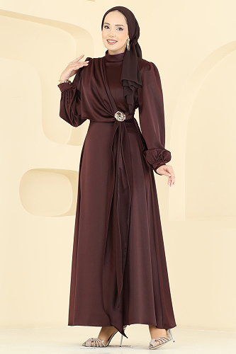 moda selvim Saten Broş Detaylı Abiye 5803EDFK1198 Kahve - Thumbnail