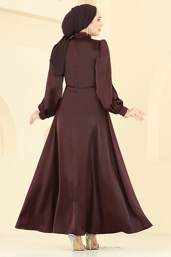 moda selvim Saten Broş Detaylı Abiye 5803EDFK1198 Kahve - Thumbnail