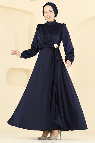 moda selvim Saten Broş Detaylı Abiye 5803EDFK1198 Koyu Laci - Thumbnail
