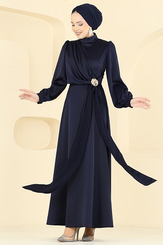 moda selvim Saten Broş Detaylı Abiye 5803EDFK1198 Koyu Laci - Thumbnail