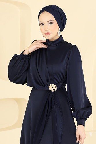 moda selvim Saten Broş Detaylı Abiye 5803EDFK1198 Koyu Laci - Thumbnail