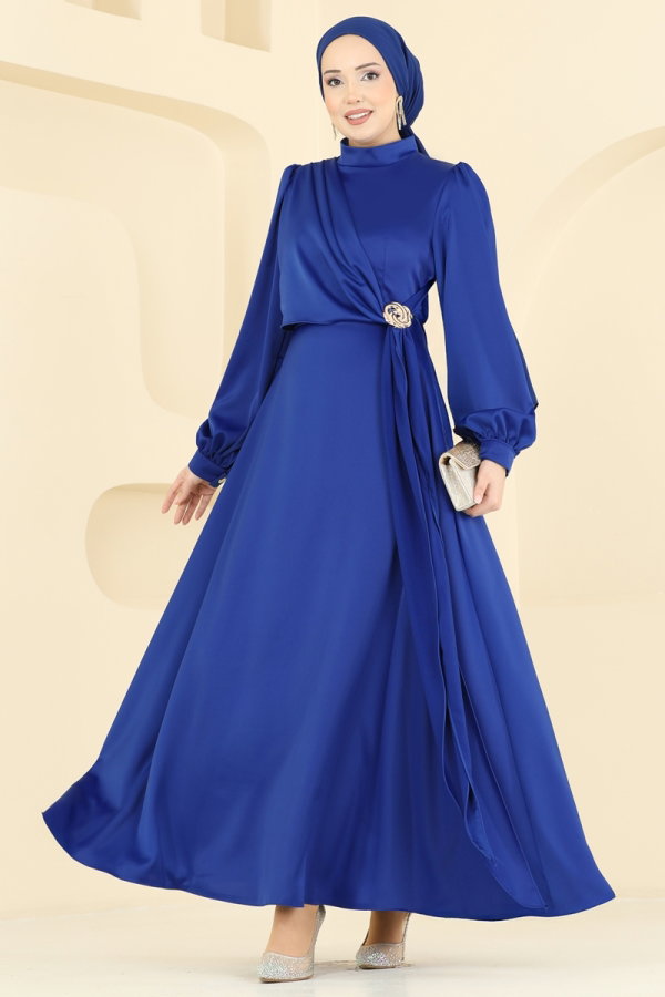 Modaselvim ABİYE Saten Broş Detaylı Abiye 5803EDFK1198 Saks