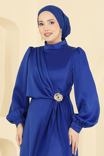 moda selvim Saten Broş Detaylı Abiye 5803EDFK1198 Saks - Thumbnail