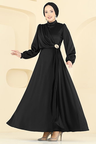 moda selvim Saten Broş Detaylı Abiye 5803EDFK1198 Siyah - Thumbnail