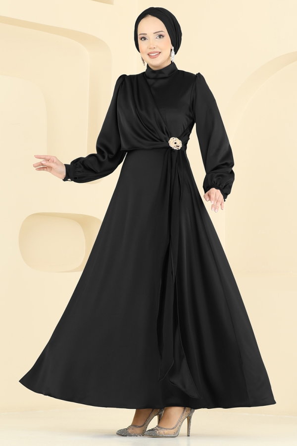 Modaselvim ABİYE Saten Broş Detaylı Abiye 5803EDFK1198 Siyah