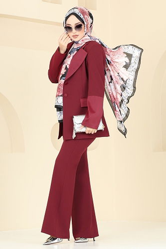 moda selvim Saten Detaylı Ceket Takım 7039ABK1075 Bordo - Thumbnail