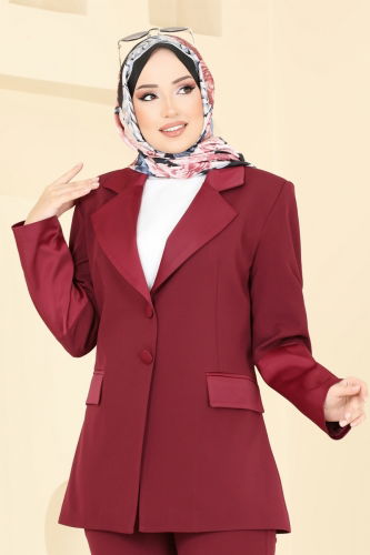 moda selvim Saten Detaylı Ceket Takım 7039ABK1075 Bordo - Thumbnail