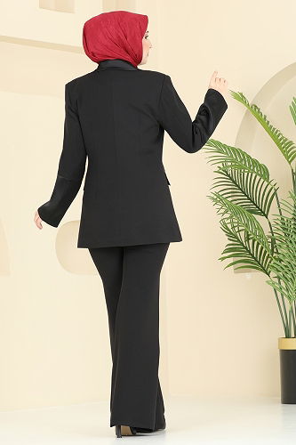 moda selvim Saten Detaylı Ceket Takım 7039ABK1075 Siyah - Thumbnail
