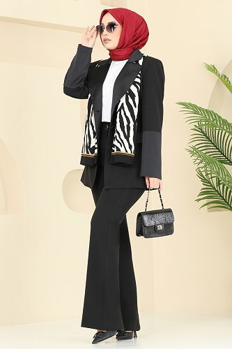 moda selvim Saten Detaylı Ceket Takım 7039ABK1075 Siyah - Thumbnail