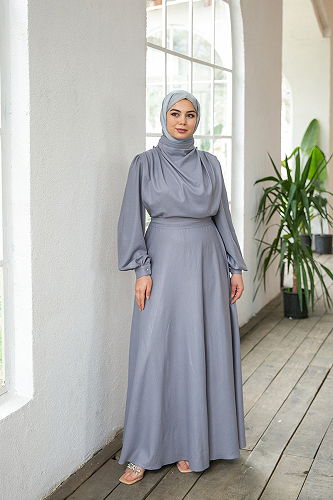 moda selvim Satin Evening Dress with Degaje Collar ASM14823-M Anthracite - Thumbnail