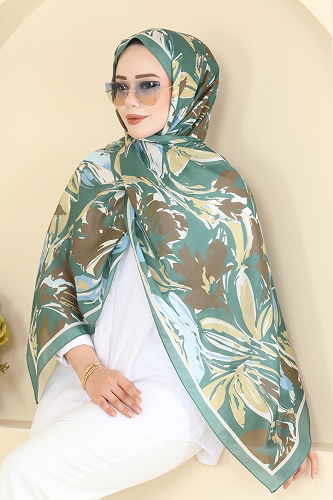 moda selvim شال أخضر باهت وبني 003AFV475 - Thumbnail