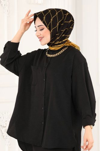 moda selvim 108IPK758 خردلي&اسود وشاح - Thumbnail