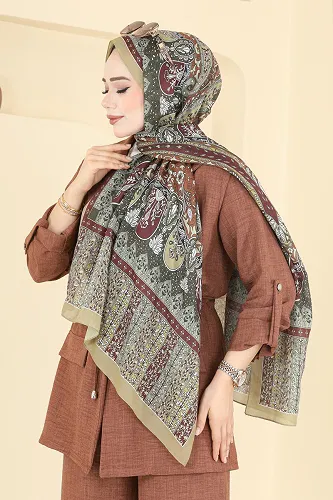 moda selvim Scarf 1306AFV475 Khaki & Burgundy - Thumbnail