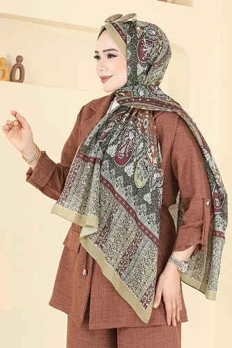 moda selvim Scarf 1306AFV475 Khaki & Burgundy - Thumbnail