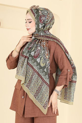 moda selvim شال أخضر عفني وخمري 1306AFV475 - Thumbnail