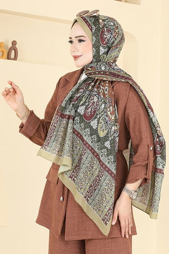 moda selvim شال أخضر عفني وخمري 1306AFV475 - Thumbnail