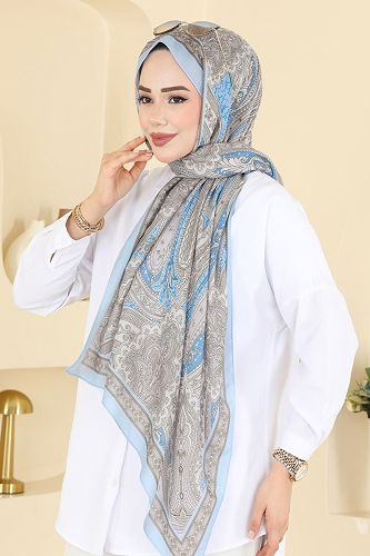 moda selvim Scarf 130IPK758 Blue&Grey - Thumbnail