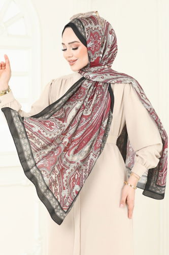 moda selvim شال خمري غامق واسود 130IPK758 - Thumbnail