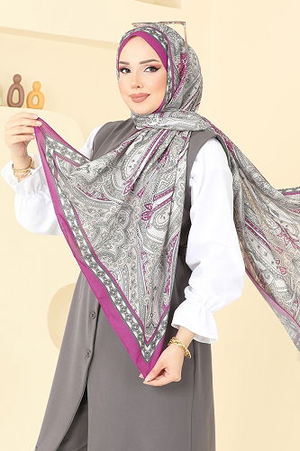 moda selvim Scarf 130IPK758 Fuchsia&Gray - Thumbnail