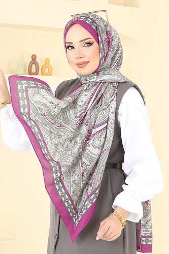 moda selvim Scarf 130IPK758 Fuchsia&Gray - Thumbnail