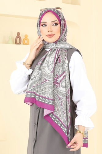 moda selvim Scarf 130IPK758 Fuchsia&Gray - Thumbnail
