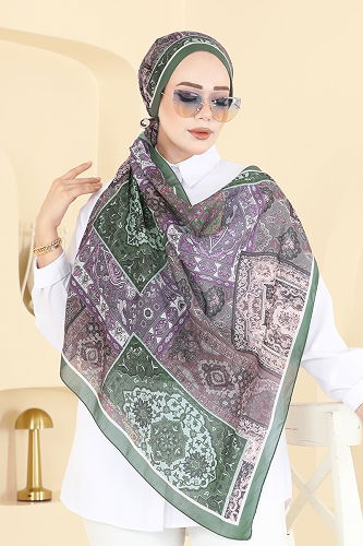 moda selvim شال أخضر باهت وليلكي 1310AFV475 - Thumbnail