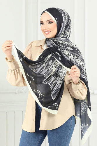 moda selvim Scarf 139IPK758 Pattern1 Black & Ecru - Thumbnail