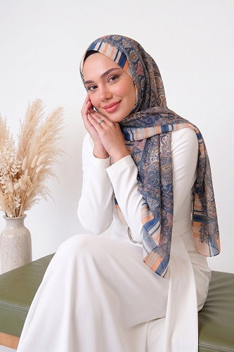 moda selvim Scarf 140ARTK1207 Orange & Navy Blue - Thumbnail
