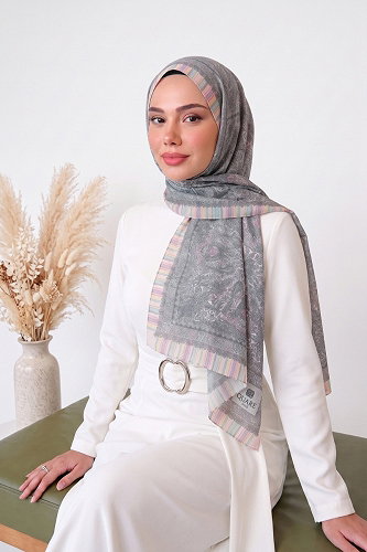 moda selvim Scarf 140ARTK1207 Pink & Gray - Thumbnail