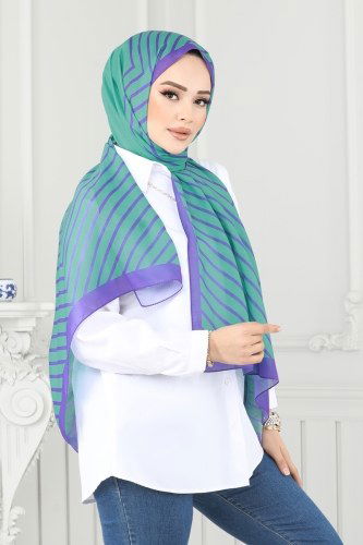 moda selvim شال بينيتون الأخضر والأرجواني 143IPK758 - Thumbnail