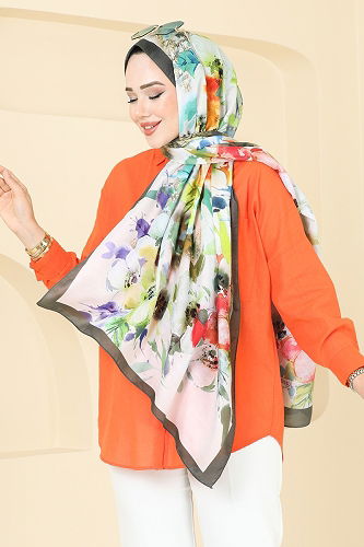 moda selvim شال بيج وأخضر عفني 144IPK758 - Thumbnail