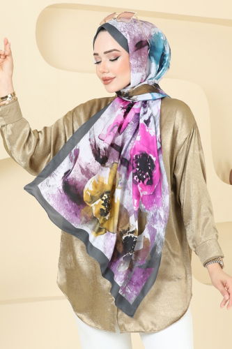 moda selvim Scarf 147IPK758 Anthracite & Lilac - Thumbnail