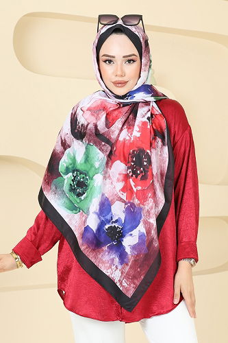 moda selvim Scarf 147IPK758 Black & Burgundy - Thumbnail