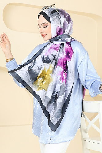 moda selvim Scarf 147IPK758 Indigo & Black - Thumbnail