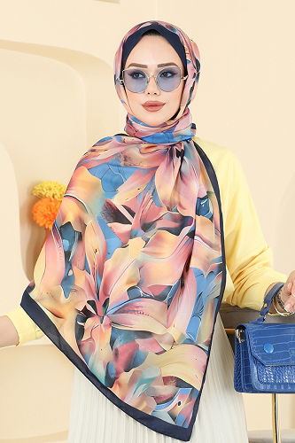 moda selvim Scarf 151IPK758 Powder & Navy Blue - Thumbnail