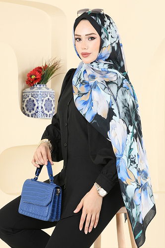 moda selvim Scarf 152IPK758 Blue & Black - Thumbnail