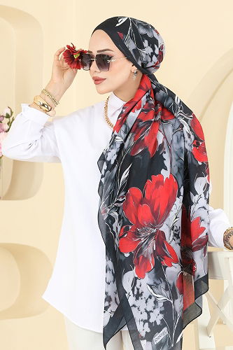 moda selvim Scarf 152IPK758 Red & Black - Thumbnail