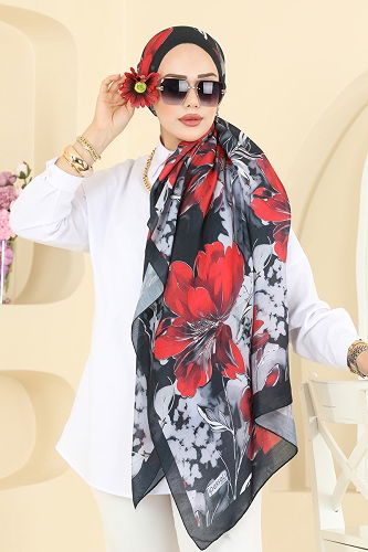 moda selvim Scarf 152IPK758 Red & Black - Thumbnail