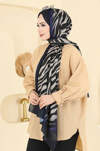 moda selvim شال كحلي وبيج 155IPK758 - Thumbnail