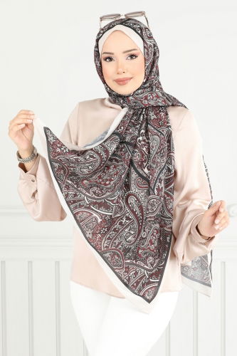 moda selvim Scarf 708ART1138 Stone & Burgundy - Thumbnail