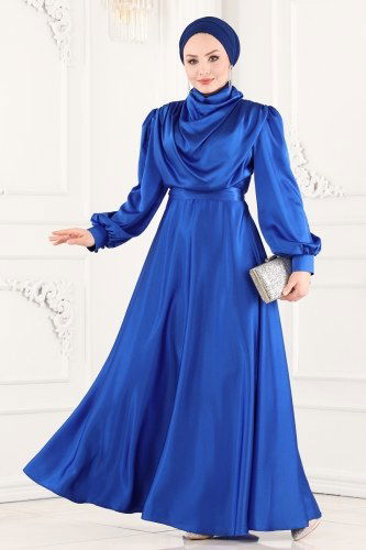 moda selvim Degaje Yaka Saten Abiye 5424AB368 Saks - Thumbnail