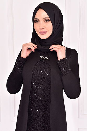 moda selvim Sequin Detailed Double Set ASM2180-M Black - Thumbnail